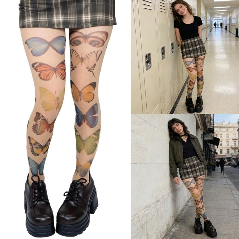 Whimsy Butterfly Printed Tights Stockings for Women Japanese Elegant Gothic Grunge Patterned Pantyhose Leggings