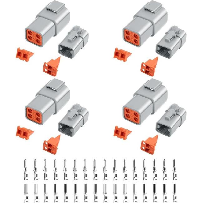 32 PCS Deutsch DTP Connector Kit 2 Pin Automotive Waterproof Connectors 4 Sets With Size 12 Stamped Contacts Gauge 14-12 AWG Wire Size,25A