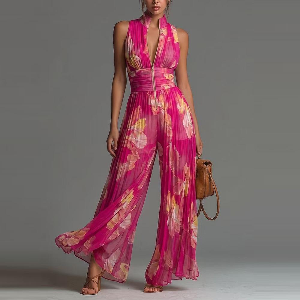 Damen Blumenmuster Weiter Bein Jumpsuit Tiefer V-Ausschnitt Ärmellos Plissiert Sommerurlaub Boho Elegant Romper L