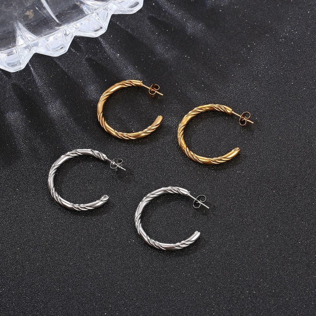 C-shaped Women's Stainless Steel Gold Earrings Simple Trend Multi-strand Twist Line Round Earrings
