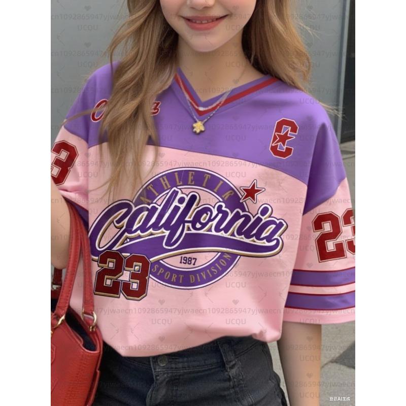 Girls Casual Sports Style California Print Short Sleeve V-Neck Women's Children Men's T-shirt Tops