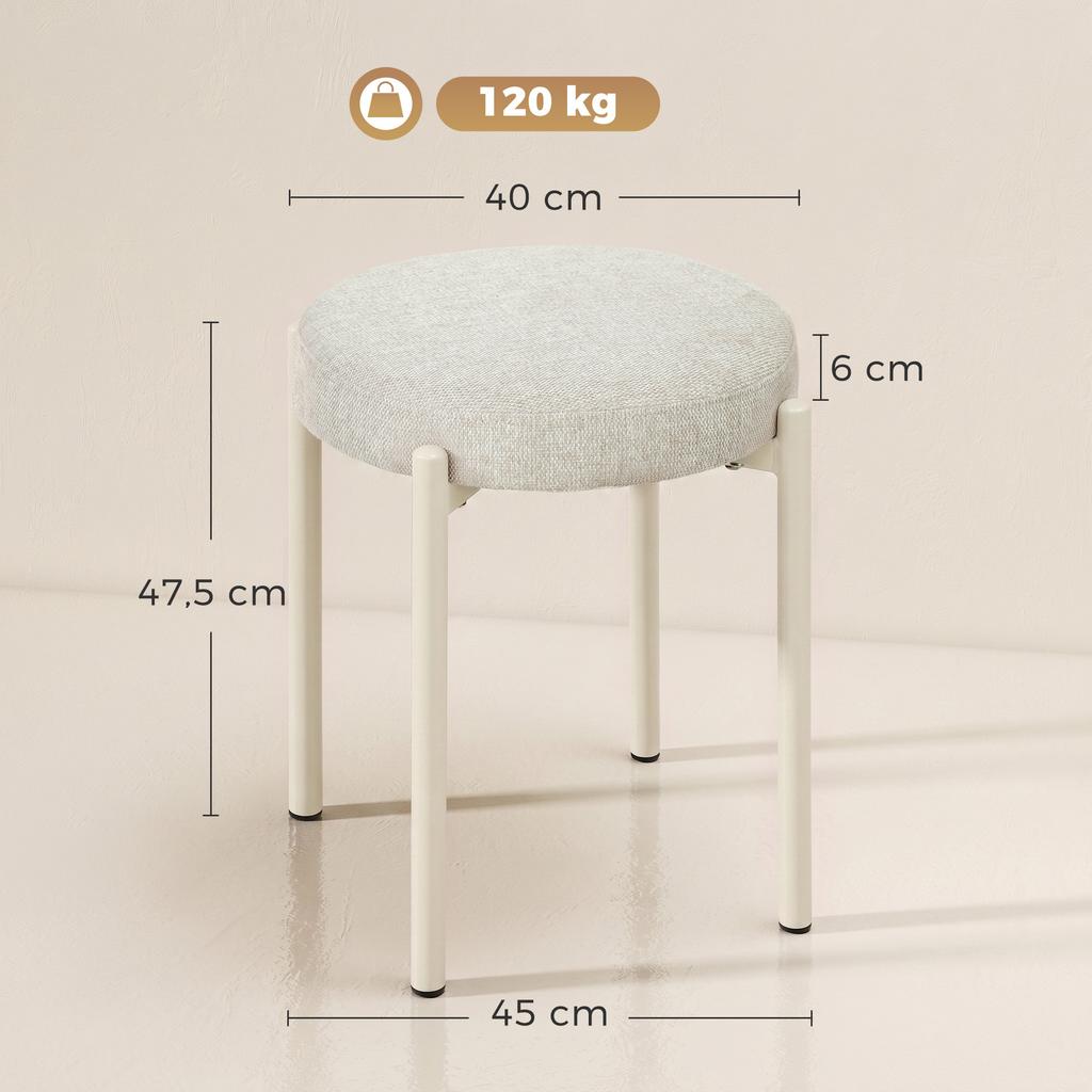 Stackable Stools, Set of 4, Round, Padded Seat, No Backrest, 45 x 45 x 47.5 cm, Cream