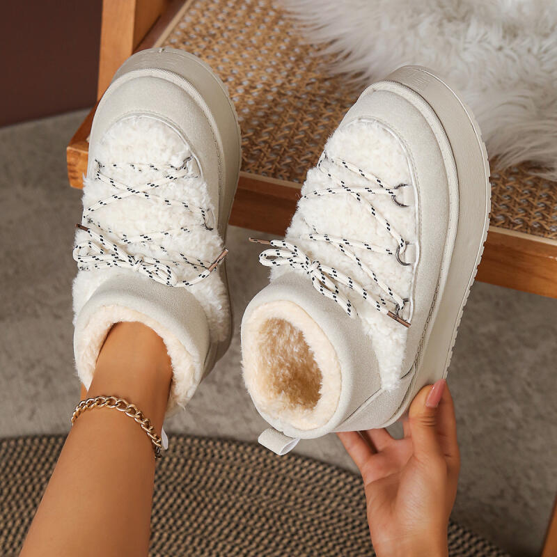 Fashion Casual Thick Bottom Snow Boots Women 2025 Winter Comfort Round Toe Short Plush Booties Fashion Lace Up Decoration Furry Boots