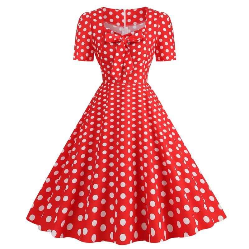 Women's clothing supply square neck short sleeve bow big pendulum polka dot's retro dress