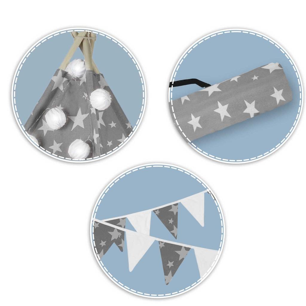 Nukido Children's Teepee Tent With Garland And Lights - Gray With Stars