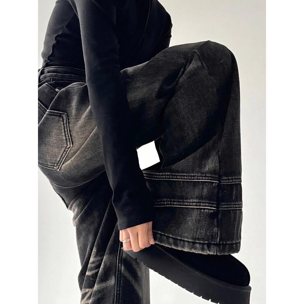 Blugi vintage negri cu picior lat pentru femei, supradimensionați, de moda coreeană, pantaloni largi din denim, Y2k, hip hop pentru femei