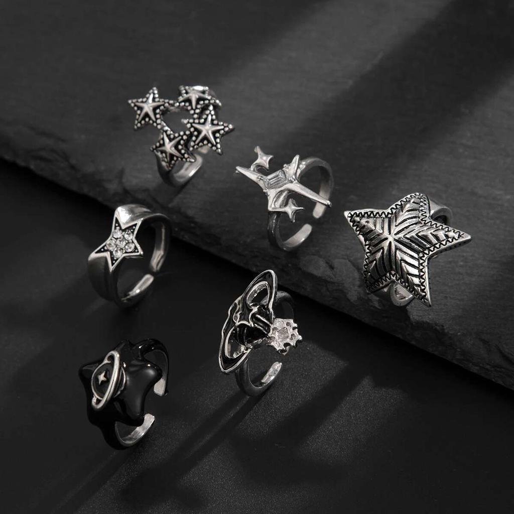 KunJoe 6Pcs/Set Vintage Silver Color Star Open Ring Set for Men Punk Geometric Adjustable Finger Ring Fashion Male Jewelry Gift