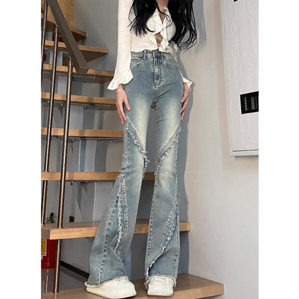 Retro Nostalgic Micro-pull Jeans Women's Spring and Autumn New American Rough-edged Horseshoe Pants Slim High-waisted Horn