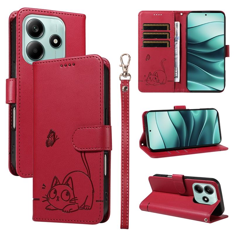 

Магнитный кожаный чехол-кошелек с откидной крышкой для Xiaomi Redmi Note 8 8T 9 10 11 12 13 14 Pro 4G 5G | Тисненый дизайн с изображением кошек и бабочек Redmi Note 8 красный