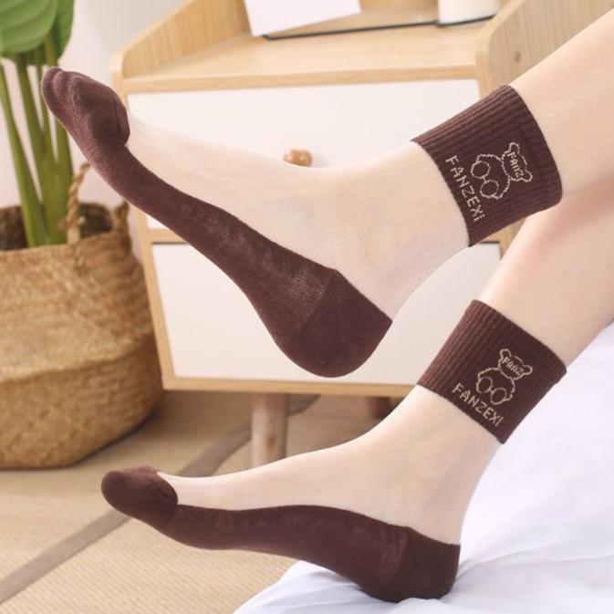 5/10 Pairs Summer Mesh Silk Socks Women Thin Casual Transparent Cute Bear Series Kawaii Mori Girl Ultrathin Glass Silk Sheer Socks