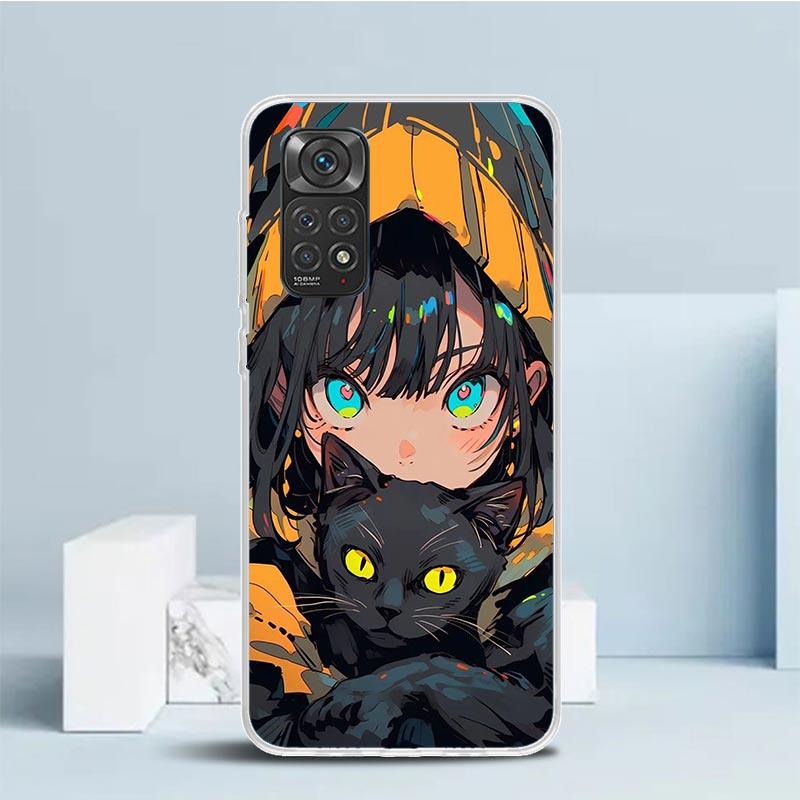 Anime Girls Cute Black Cat Phone Case For Xiaomi Redmi Note 15 14 14S 13 12S 12 Pro Plus 11S 11 11T 11E 10S 10 + Soft TPU Back C