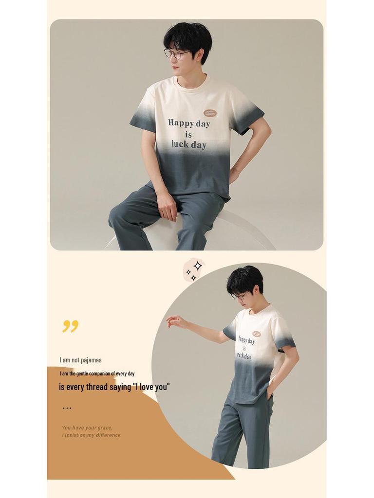 Men's Summer Cotton Pajama Set: Short Sleeve & Long Pants, Loose Fit, Plus Size