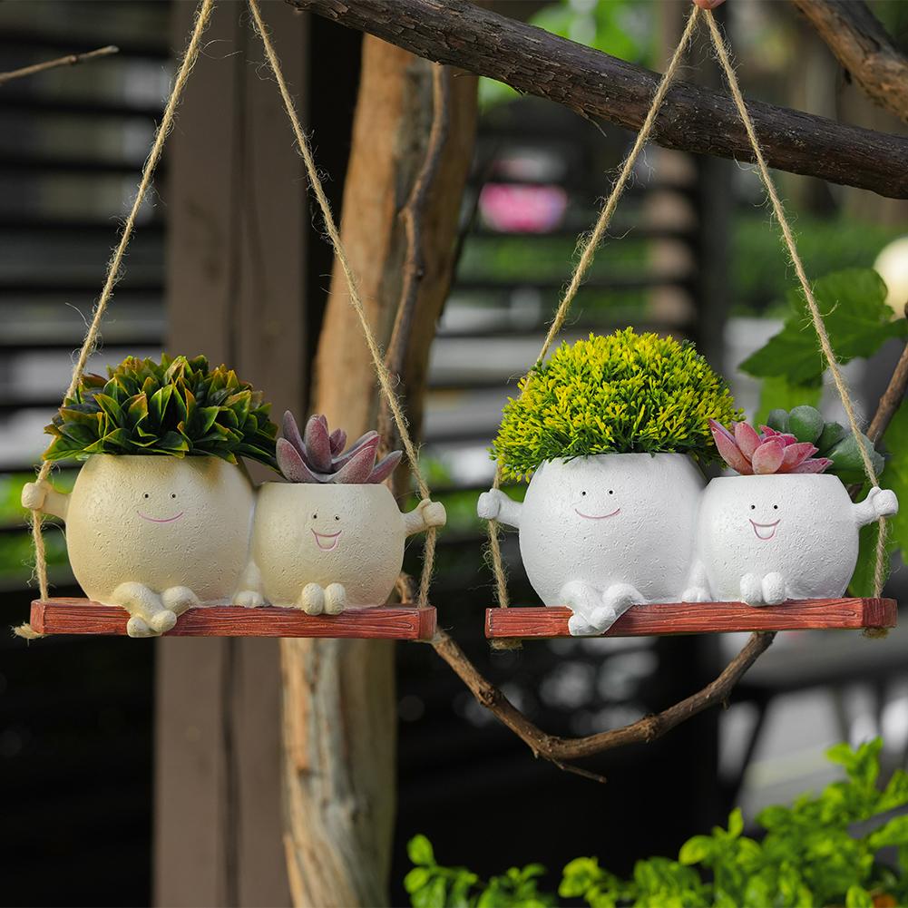Cute Smiley Face Hanging Planter Resin Smiley Face Couple Planter Pot Creative Hanging Flower Pot For Indoor Outdoor Plants