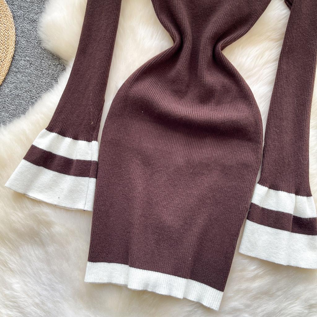 Kobiety Sukienka Bodycon z Odkrytymi Ramionami Jesień Długi Rękaw Metalowy Guzik Odzież Robocza Damska Dzianinowa Sukienka Mini w Bloki Kolorów Sexy