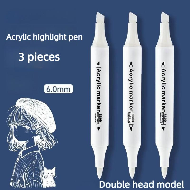 Акриловый маркер-хайлайтер с двойным наконечником, 6 мм, быстросохнущий, водостойкий, белый, для рисования и рукоделия, набор из 3 штук белый