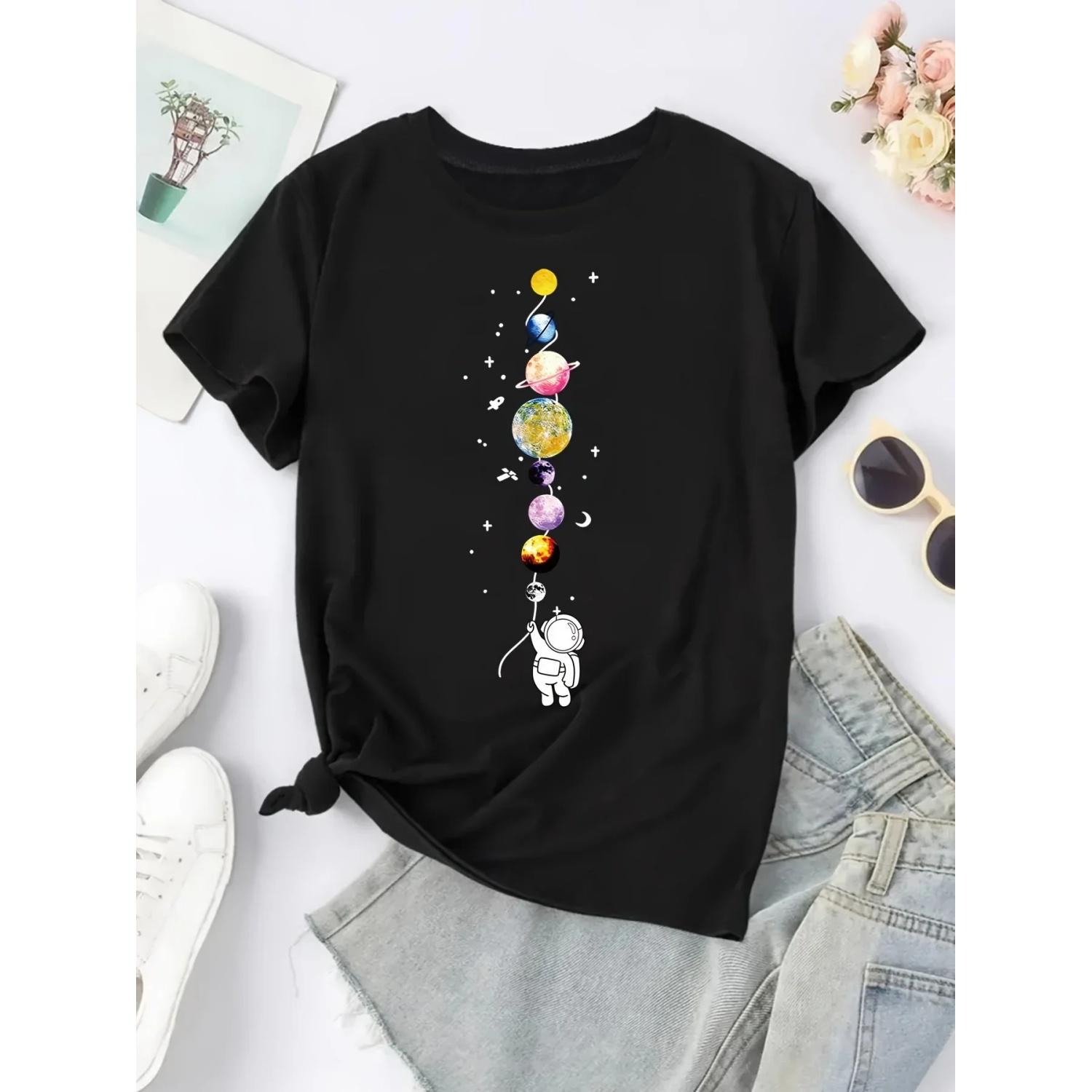 

Cartoon Astronaut & Planet Print T-shirt, Casual Crew Neck Short Sleeve Top, Women s Clothing XXXXXL чорний