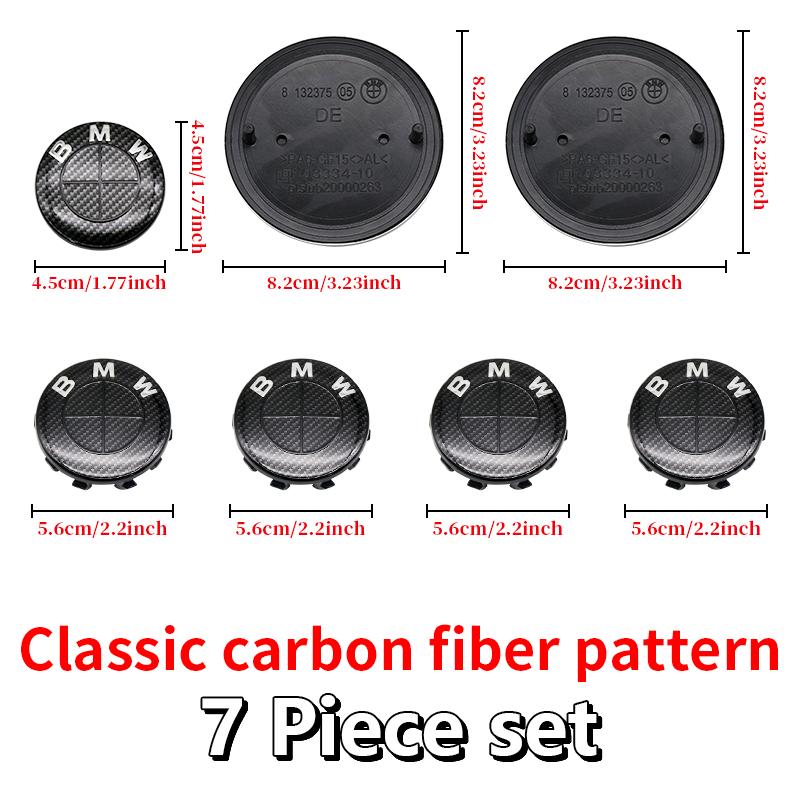 For BMW E46 82mm Hood F10 74mm Trunk Emblem 7Pcs Full Black Carbon Fiber Badge Set E90 68mm Wheel F30 Steering G20 X5 M4 Auto