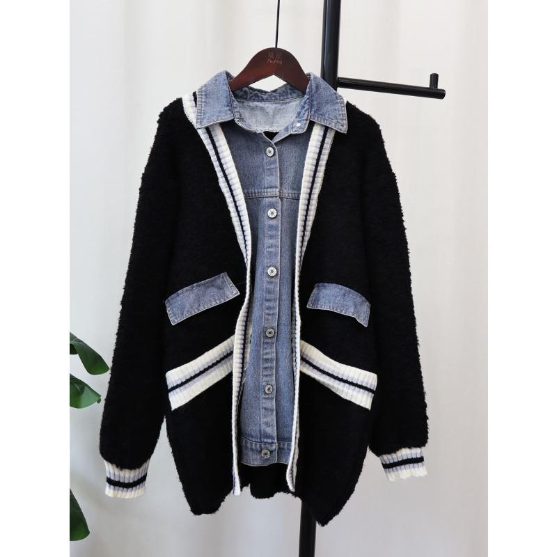 

2025 осень и зима новый корейский стиль свободный джинсовый свитшот-куртка с трикотажным кардиганом в стиле пэчворк, женский трикотажный кардиган с дизайном «два в одном», тренд one size fits all чёрный