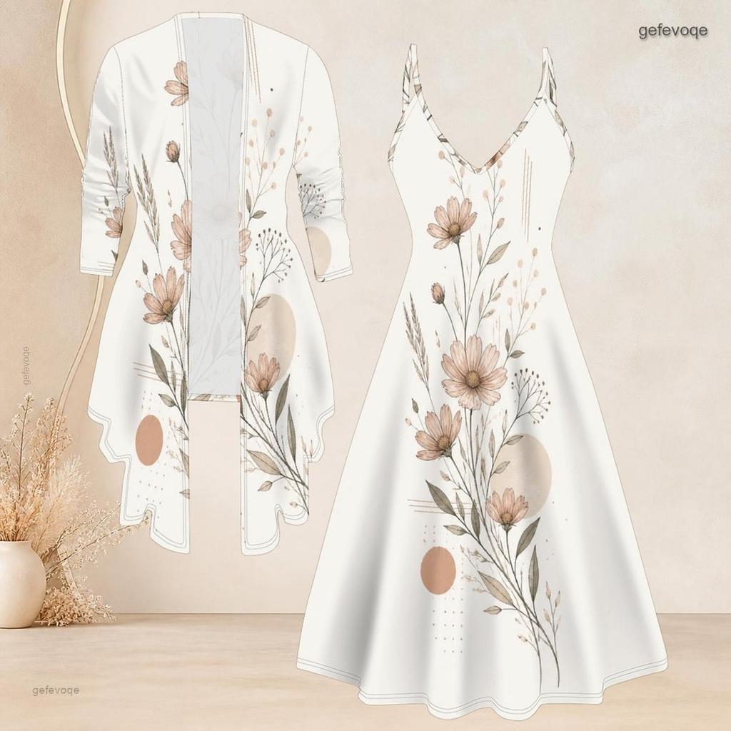 Women Plus Size Two Piece Ensemble Long Sleeve Cardigan Cami Maxi Dress