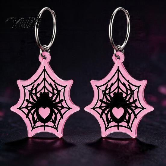 Alternative Fashion Earrings 1 Pair Halloween Theme Acrylic for Women, Gothic Pink Spider Flame Pattern Drop Dangle Earrings, Spooky Holiday