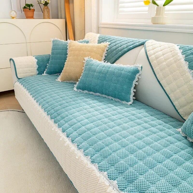Winter Thicken Plush Sofa Cover White Wide Edge  Chaise Lounge Sofa Towel Mat Modern Non-Slip Couch Cover Cushions Living Room