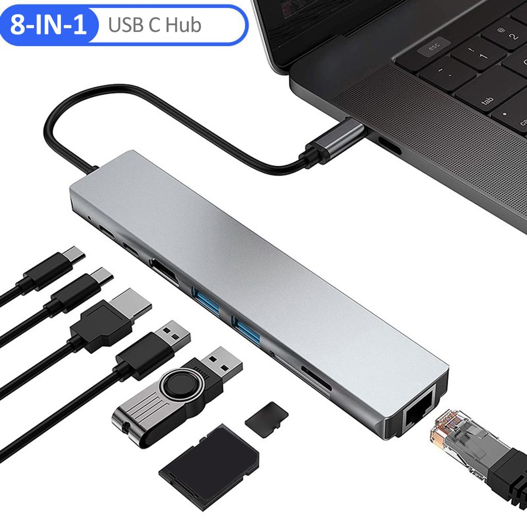 8 IN 1 USB C Hub Type C Docking Station Multiport Adapter with 4K HD RJ45 Ethernet USB 3.0 PD Charging Port SD TF Card