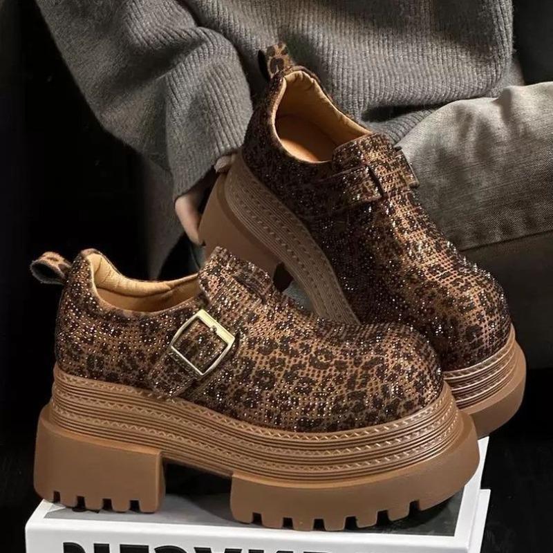 2025 Women's Platform Loafer Shoes Leopard Print Rhinestone Korean Style Spring and Autumn Thick Sole Height Increase Shoes