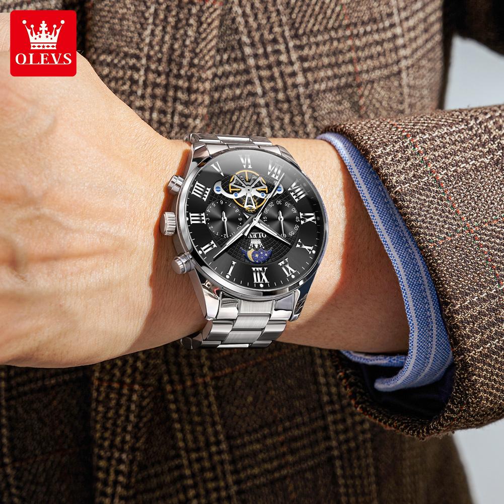 OLEVS Men's Watches Multifunctional Chronograph Flywheel Dial Original Wristwatch Moon Phase Waterproof Watches
