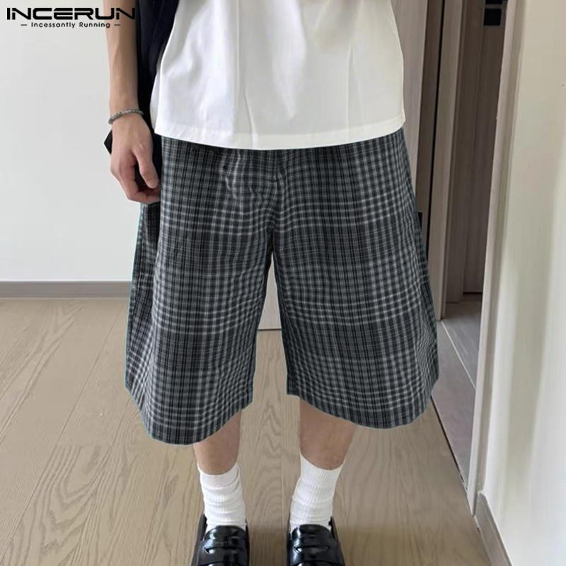 

INCERUN Men Zip-up Waist Plaid Print Casual Loose Half Pants S зелёный