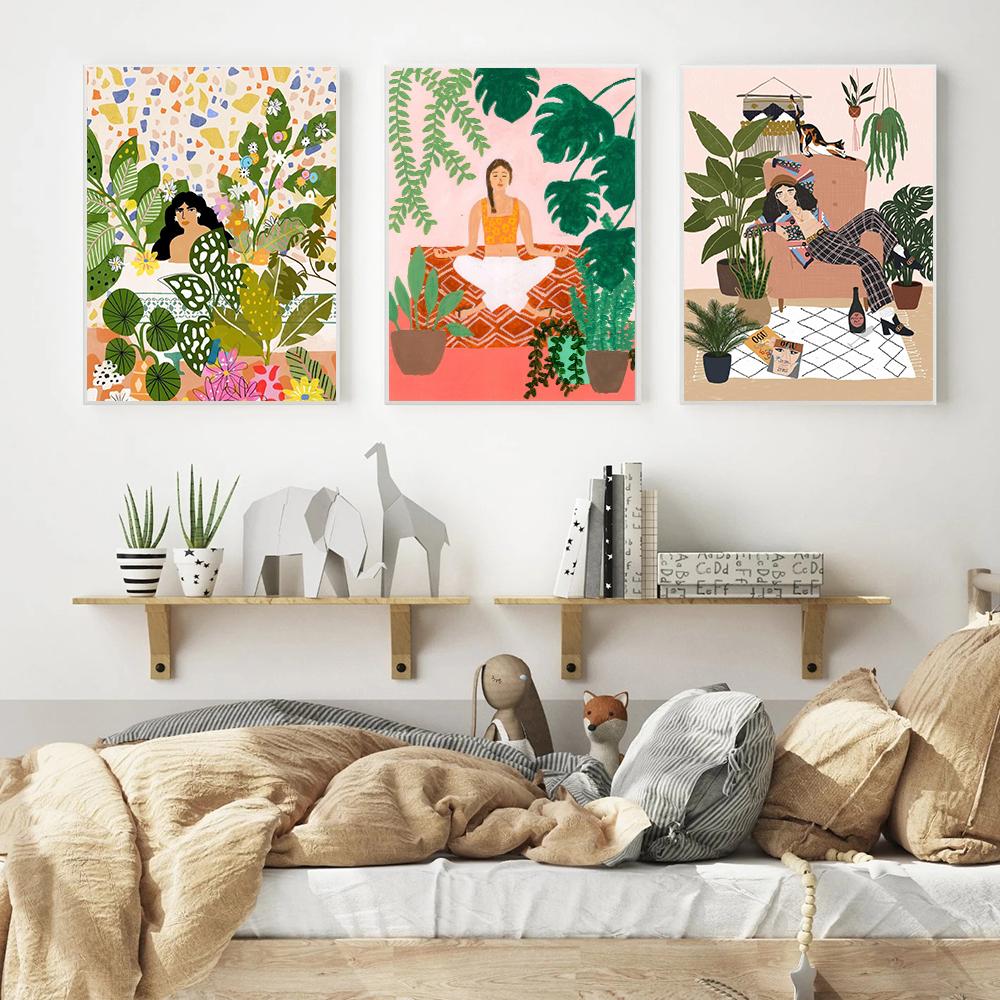 In Meditation Kunstdruck Yoga Dame Pflanze Darstellung Atmen Leinwand Abstrakte Blume Mädchen Wand Bild Für Wohnzimmer Wohnkultur
