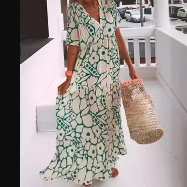 Wish Summer Printed Aline Dress With V Neck Short Sleeves For Street Style Women