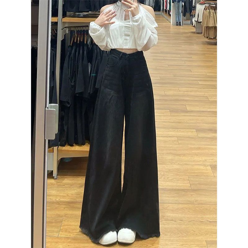 

Женские черные джинсы широкие брюки весна и лето новые с высокой посадкой свободного кроя скрывающие недостатки фигуры и стройнящие с необработанным краем универсальные прямые клеш XL чёрный