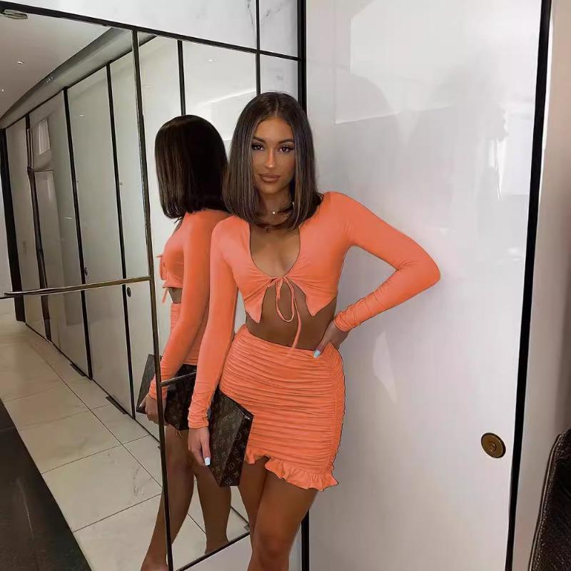 Autumn/winter Women's Sexy Flounce Lace Up Pleated Two-piece Skirt