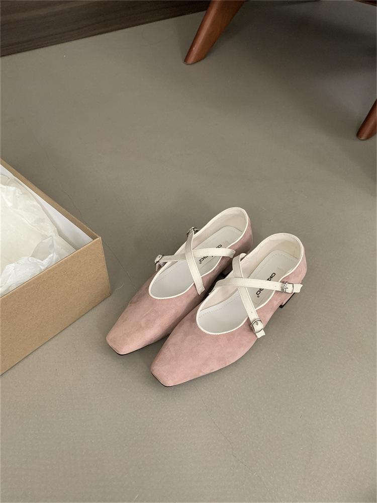 Cross-strap Mary Jane shoes women's 2025 autumn new small square head thick heel suede soft sole single shoes ballet shoes