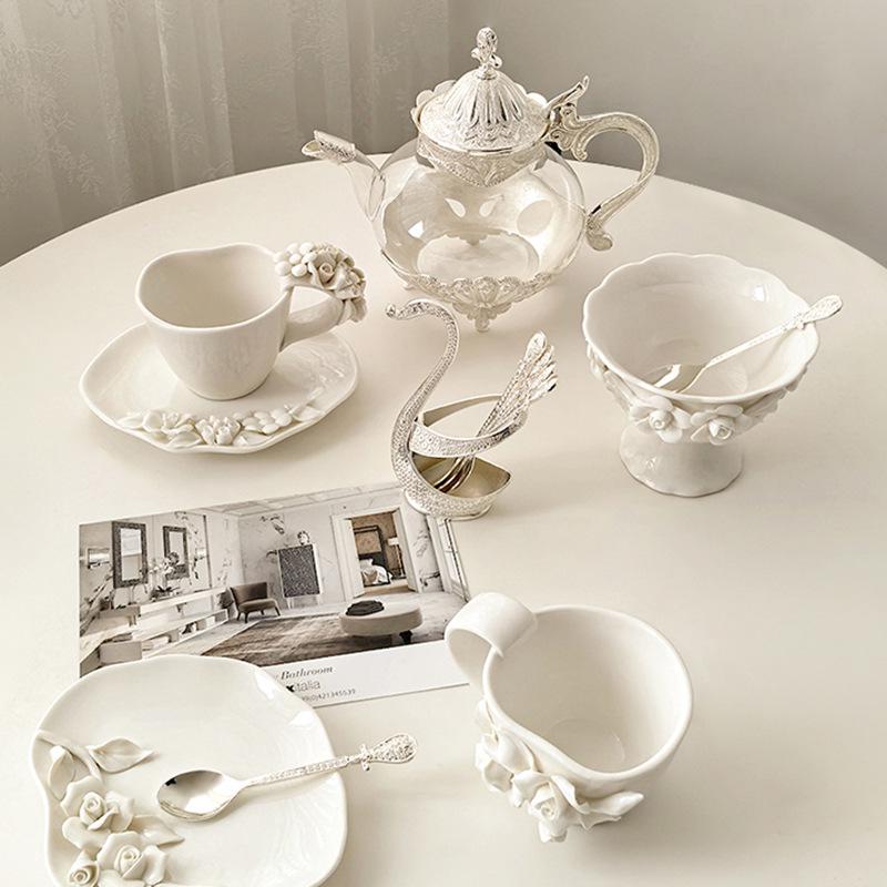 3D Florale Keramik Kaffeetasse & Untertasse Premium Handgefertigt Dessertschale Set