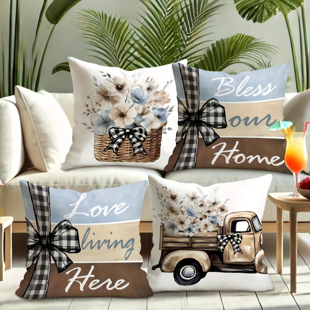 Rustic and Elegant Pillow Cover: Floral Basket, Retro Truck and Heart-warming Home Decoration, Sofa and Chair Cushion Cover