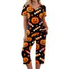 Women Two Piece Halloween Print Outfit Short Sleeve Top and Capri Pants Set Comfortable Casual Sportswear