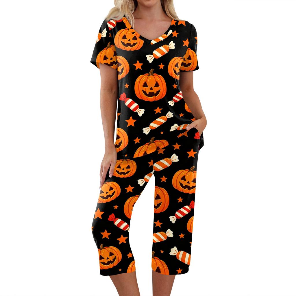 Women Two Piece Halloween Print Outfit Short Sleeve Top and Capri Pants Set Comfortable Casual Sportswear