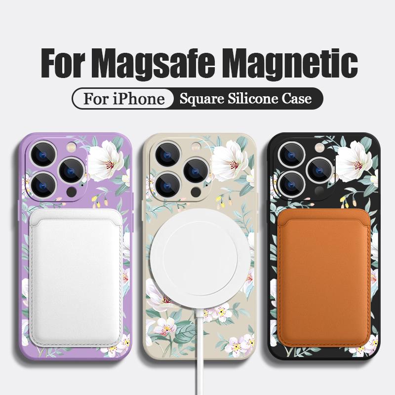 Magnetic For Magsafe Black-white Flower Case For iPhone 16 Pro Max Coque iPhone 15 Pro Max 14 13 11 17 Built-in Metal Plate Case
