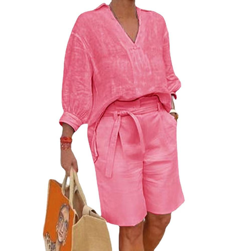 

Летний европейско-американский женский повседневный свободный комплект-двойка из хлопка и льна 2XL розовый