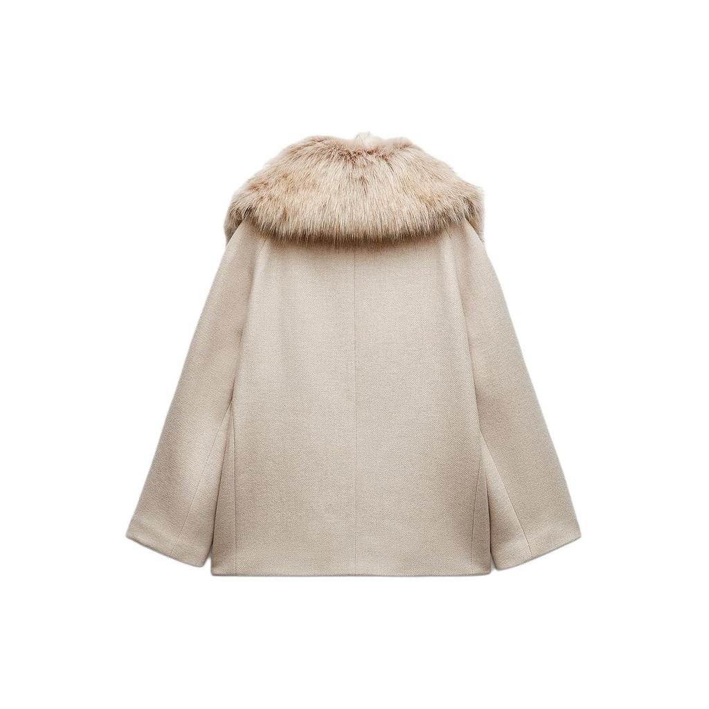 Zara Zw Series Single Breasted Minimalist Fur Collar Long Sleeve Coat Women coats Beige 2140762-710