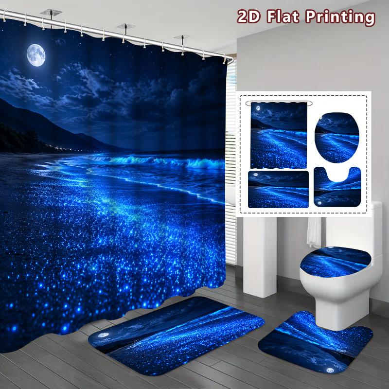 4Pcs Bioluminescent Beach Shower Curtain Set with Non-Slip Bath Mat, Toilet Lid Cover, Contour Rug & 12 Hooks, Bathroom Decor