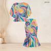 Women Plus Size Printed Round Neck Batwing Sleeve Ruffle Hem Top Fishtail Skirt Two Piece Set