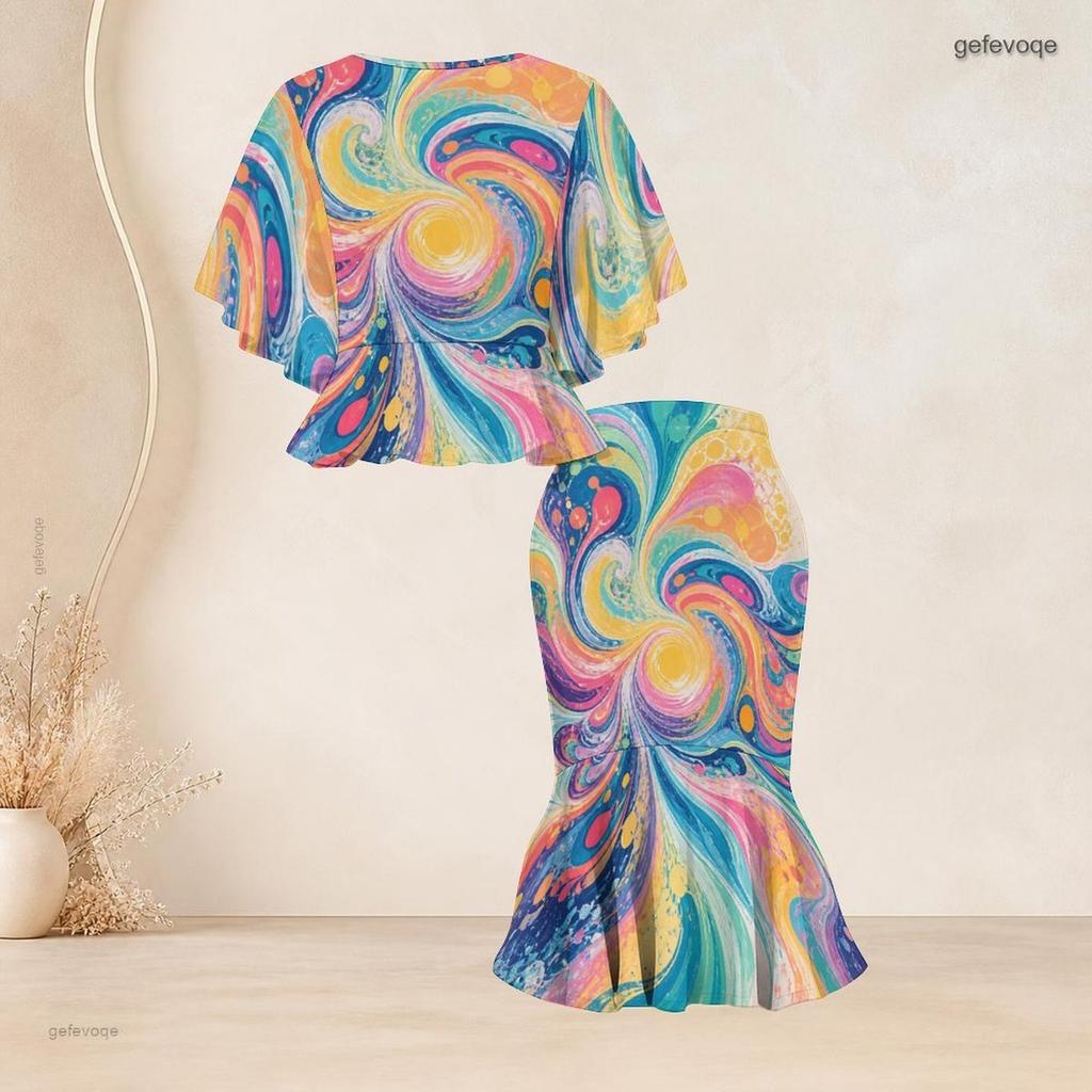 Women Plus Size Printed Round Neck Batwing Sleeve Ruffle Hem Top Fishtail Skirt Two Piece Set