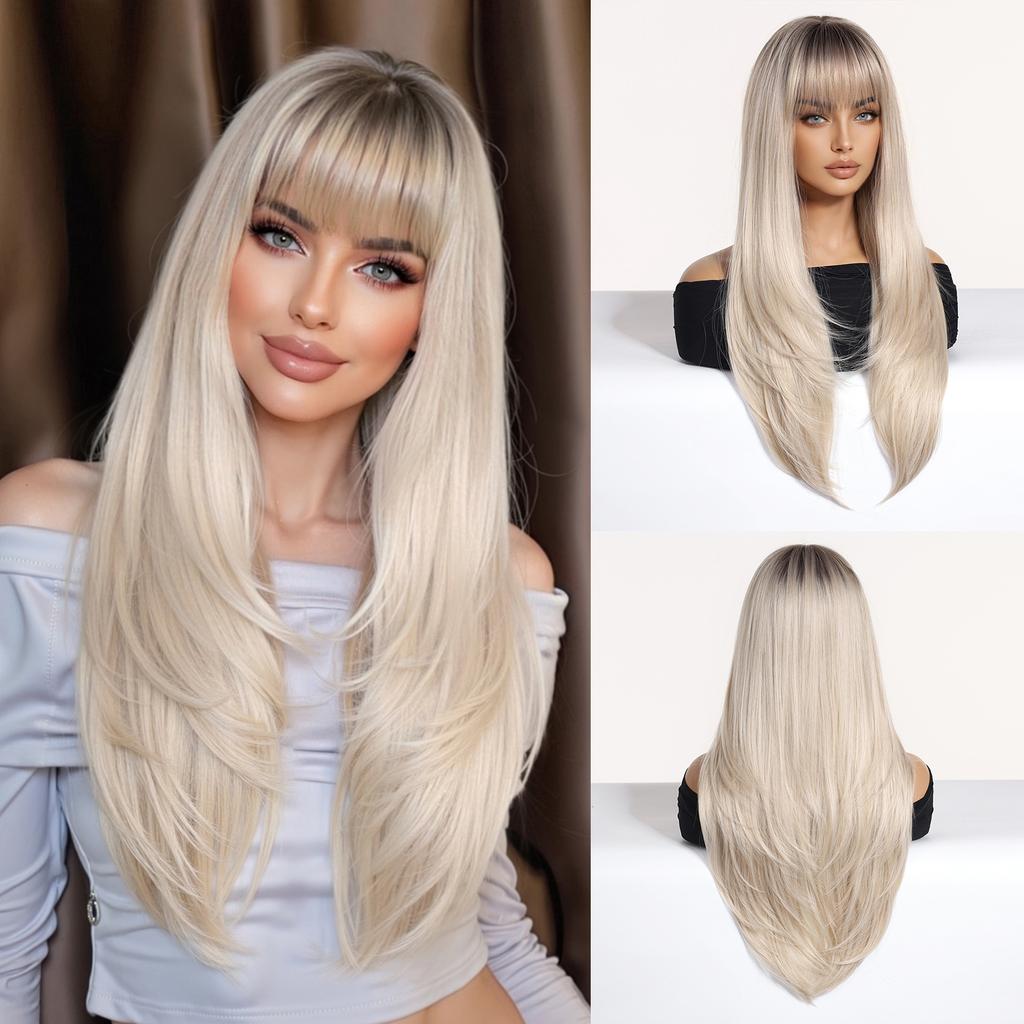Synthetic Layered Wig Long Rose Gold Straight Wigs with Bangs Blonde Cosplay Party Natural Hair Wigs for Women Heat Resistant