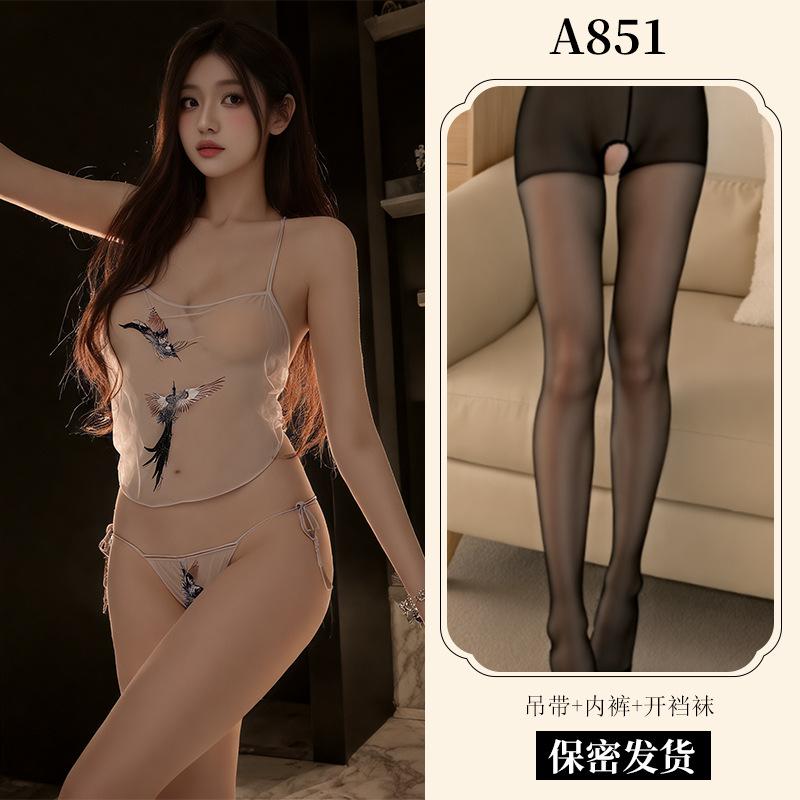 Sex Underwear Pure Desire Transparent Mesh Embroidery Suspender Belly Pocket Strap Panty Set Battle Robe Pajamas A