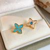 French Asymmetrical Blue Turquoise Mother-of-Pearl Clover Stud Earrings in S925 Silver for Women