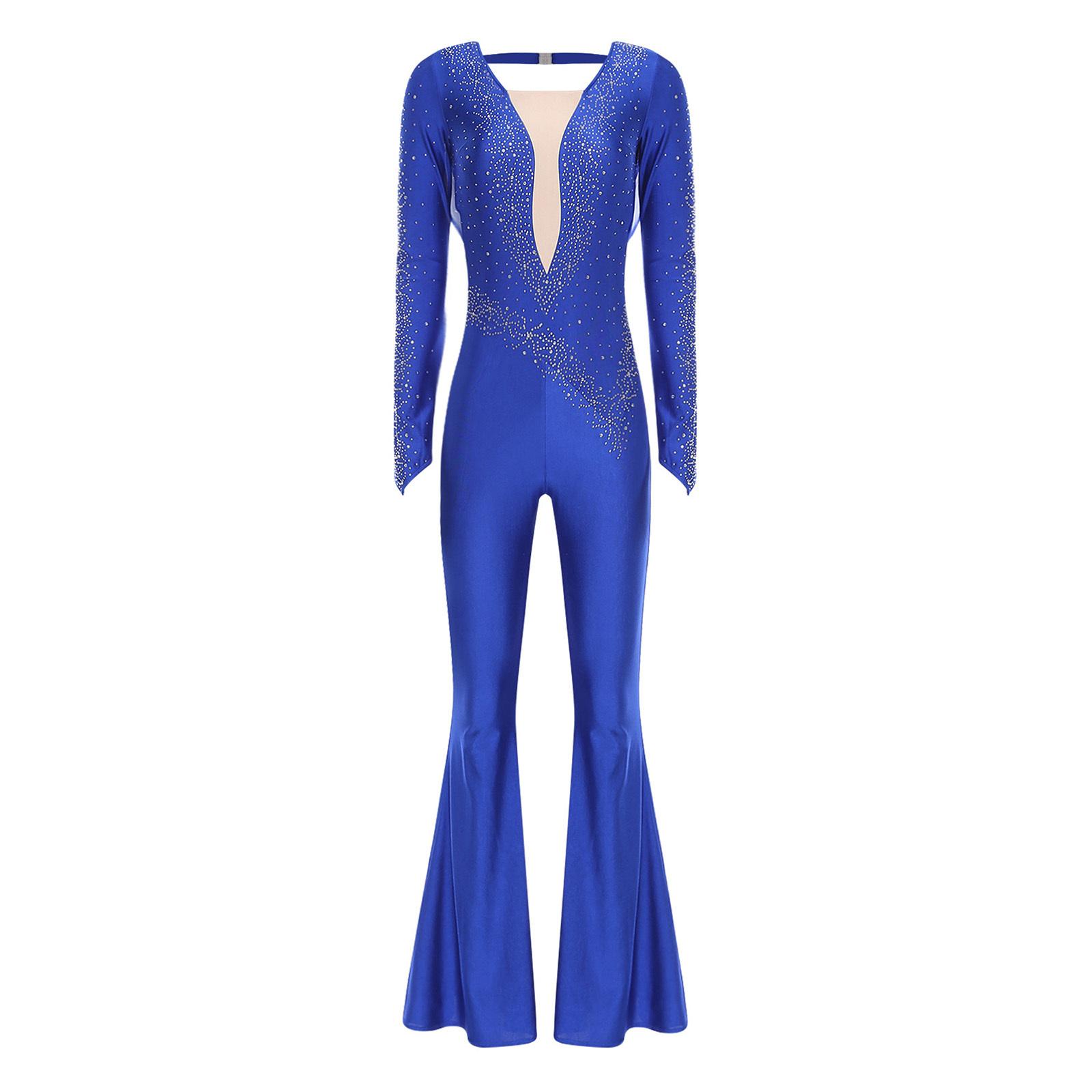 

Womens Sparkle Rhinestone Latin Dance Rompers Long Sleeve Back Cut Out Mesh Overlay Bell Bottom Jumpsuit S королівський синій колір