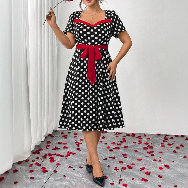 Plus Size Polka Dot Color Block Waisted Knee Length Square Neck Women Summer Dress