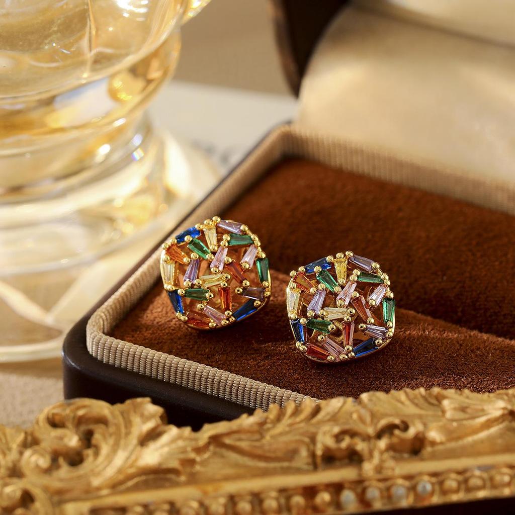 Hot Selling Dopamine Design Square Earrings: High-End Multi-Color Zirconia Studs, Real Gold Plated Ear Jewelry